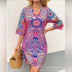 NORACORA PAISLEY Print Long Sleeve Mini Dress Women Size Medium Multicolored